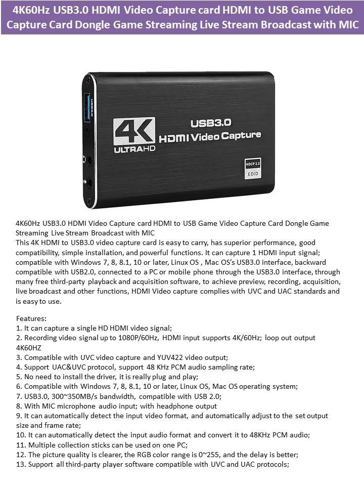 DMI Video Capture card HDMI to USB Game Video Capture Card, Computers ...