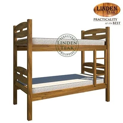Handcrafted Solid Teak Wood Single-Single Double Deck Bed Frame Furniture (Category: Bed Frames & Mattresses) located in Quezon City. Submitted by lindenteakfurnitureonlinesales (Listing ID 1223415646, Image 1). Description: ITEM: Handcrafted Solid Teak Wood Single-Single Double Deck (Top Single Size, Bottom Single Size) Bed Frame Furniture SERIES: Gold Teak (Indoor Series) MAIN MATERIAL: Teak Wood (Tectona Grandis) FINISHING: N. Cellulose APPROX