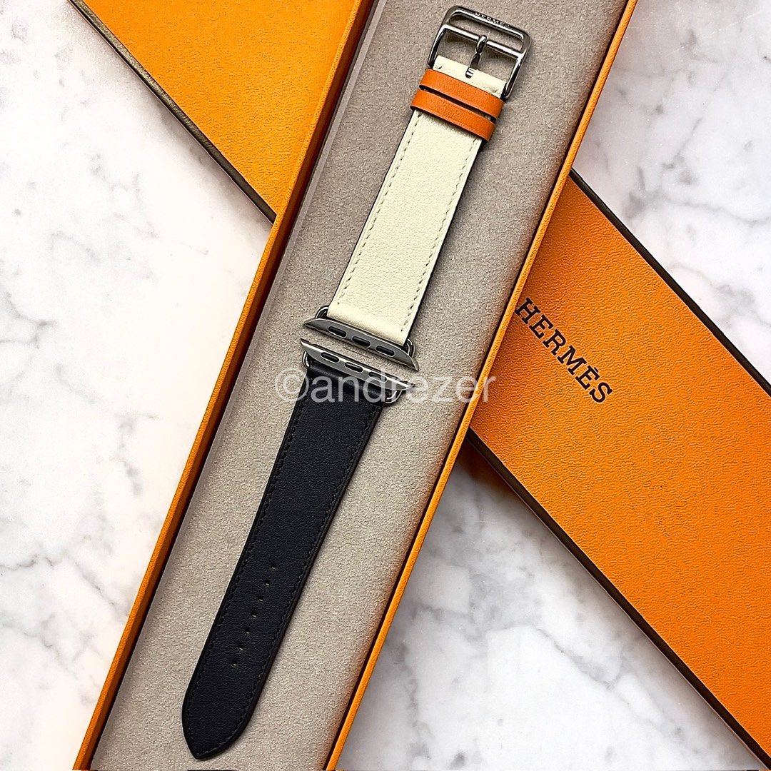 Herm s Indigo Craie and Orange Swift Leather Single Tour Apple Watch Band