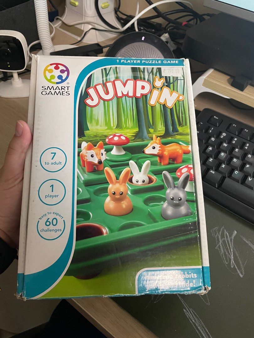 Jump In Smart Games (Category: Board Games & Puzzles) located in Quezon City. Submitted by kimshooo (Listing ID 1223499592, Image 1). Description: Jumpin Game from Smart Games Can you help rabbits jump to safety? Use rabbits, mushrooms, and moving foxes to jump around and hide rabbits in their holes. 60 challenges no physical booklet, ebooklet of challenges onlh.