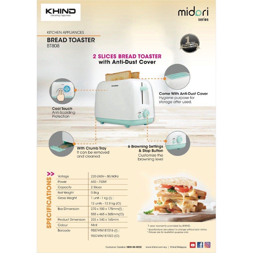 Khind Bread Toaster Midori Series Pembakar Roti BT808, TV & Home