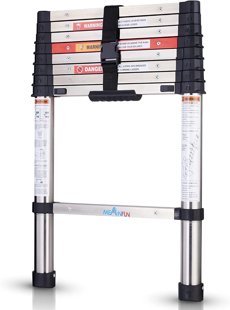 MEANFUN Telescoping Ladder, 8.5 FT OneButton Retraction Stainless