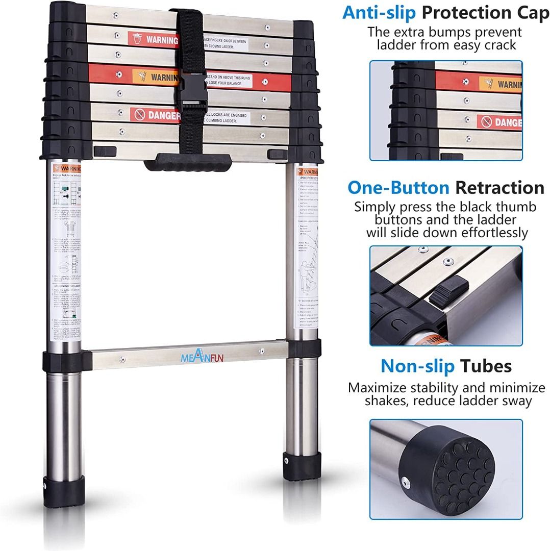 MEANFUN Telescoping Ladder, 8.5 FT OneButton Retraction Stainless