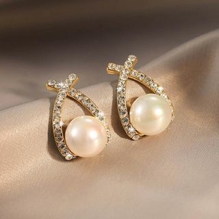 S925 Blinging Cross Pearl Earrings (No. B1)