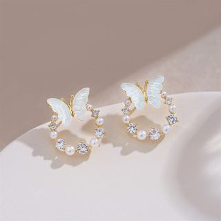 S925 Blinging Pearls Circle Butterfly Earrings (No. B13)