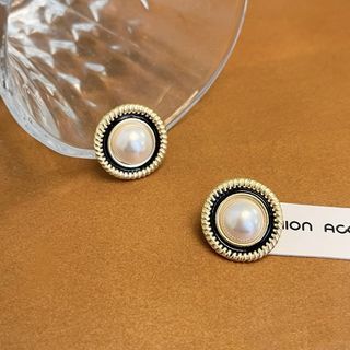 S925 Golden Round Pearl Earrings (No. B3)