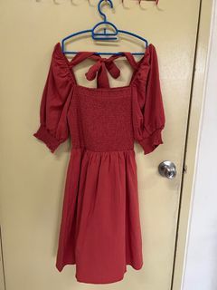 Smocked brick red dress with tie back