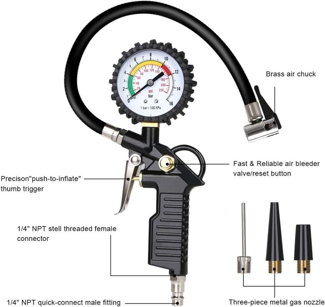 Tyre Pressure Gauge, 220 PSI Tyre Inflator with Pressure Gauge Air