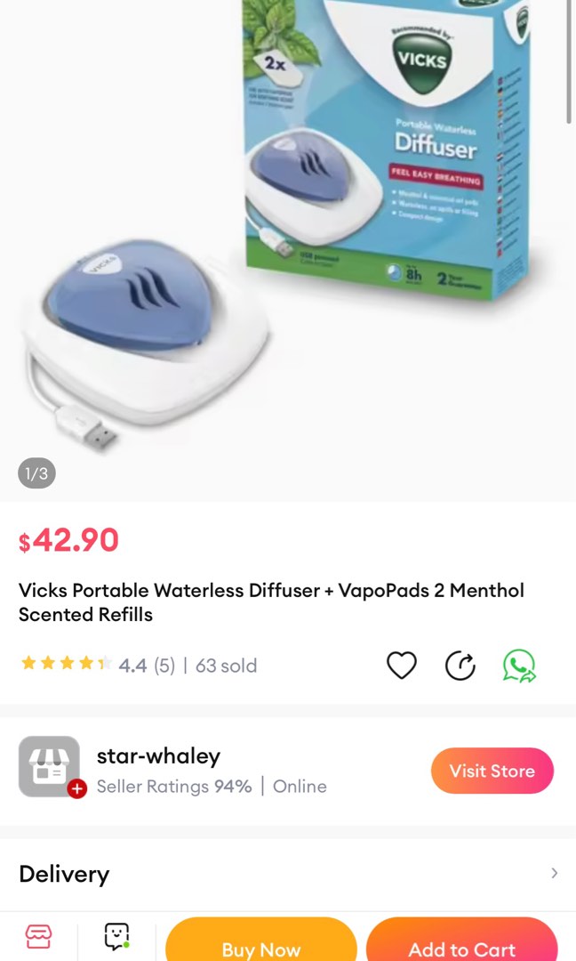 Vicks Portable Waterless Diffuser + 1 VapourPad Menthol Scent Refill ...