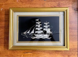 Vintage 925 Real Silver Ship Hand crafted & Deep Framed 40x30cms