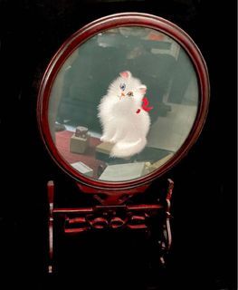 Vintage Design Persian Cat Round Framed Display with Wooden Stand