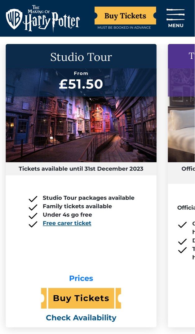 Warner Bros Harry Potter London Studio Tour Tickets, Tickets & Vouchers