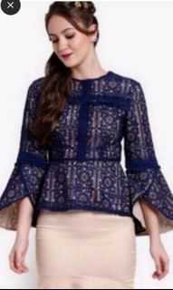 Zalia Bell Sleeve Peplum Lace Top in Navy Blue