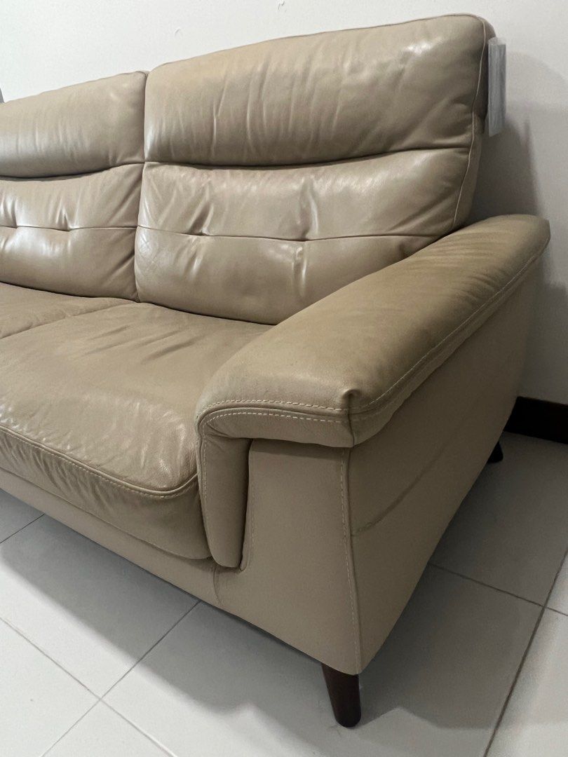 3 seater leather sofa mushroom colour for sale , moving house sale
