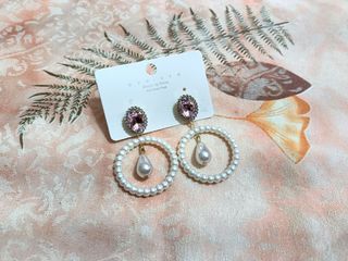 粉水晶鋯石水鑽925銀針耳環 耳針 福利價50