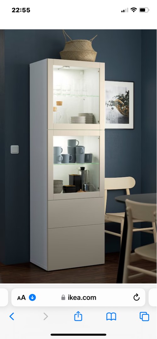 Besta Ikea tall white storage with 2 glass shelves and push