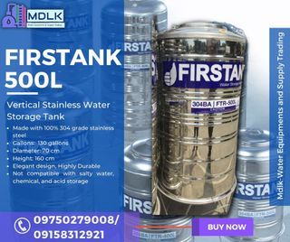 Firstank 500L Water Storage Tank Stainless Steel Vertical
