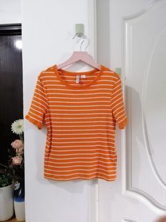 H&M ribbed blouse stripes in orane white