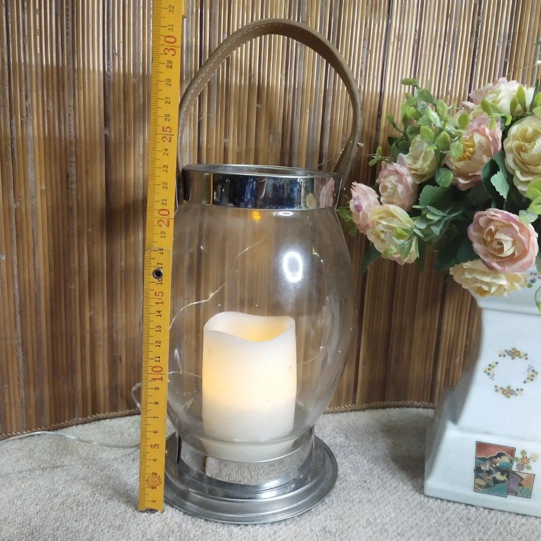 Large Glass Candle Holder with Leather Handle, Furniture & Home Living