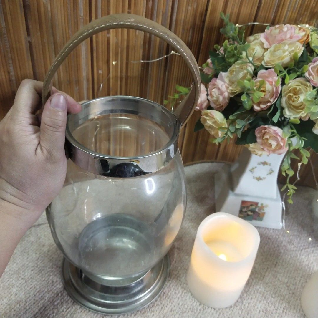 Large Glass Candle Holder with Leather Handle, Furniture & Home Living
