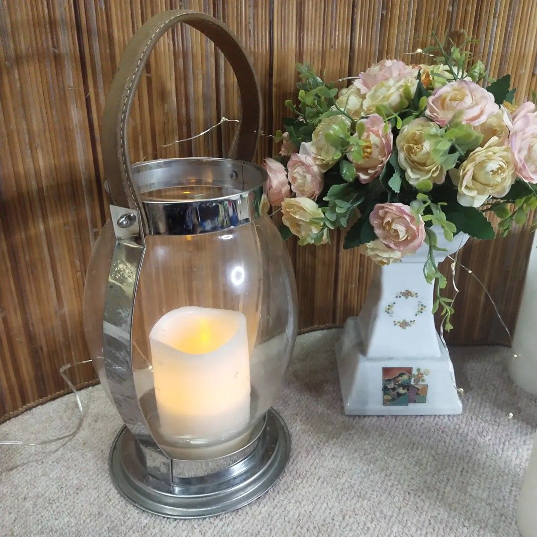 Large Glass Candle Holder with Leather Handle, Furniture & Home Living