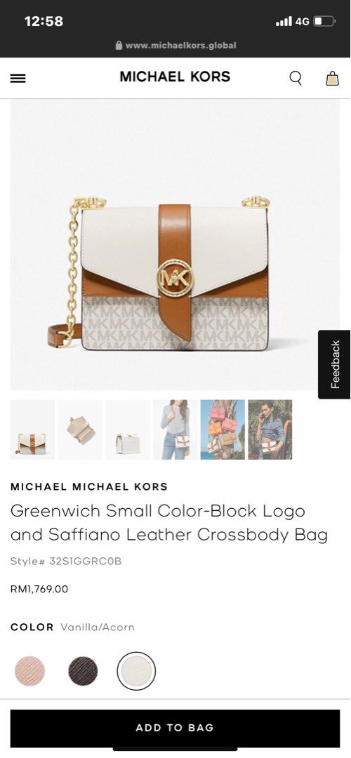 Michael Kors Women's Greenwich Small Color-Block Logo and Saffiano Leather  Crossbody Bag - Vanilla/Acorn 