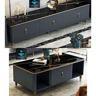 NERA Black Marble Tv Console Coffee Table Set
