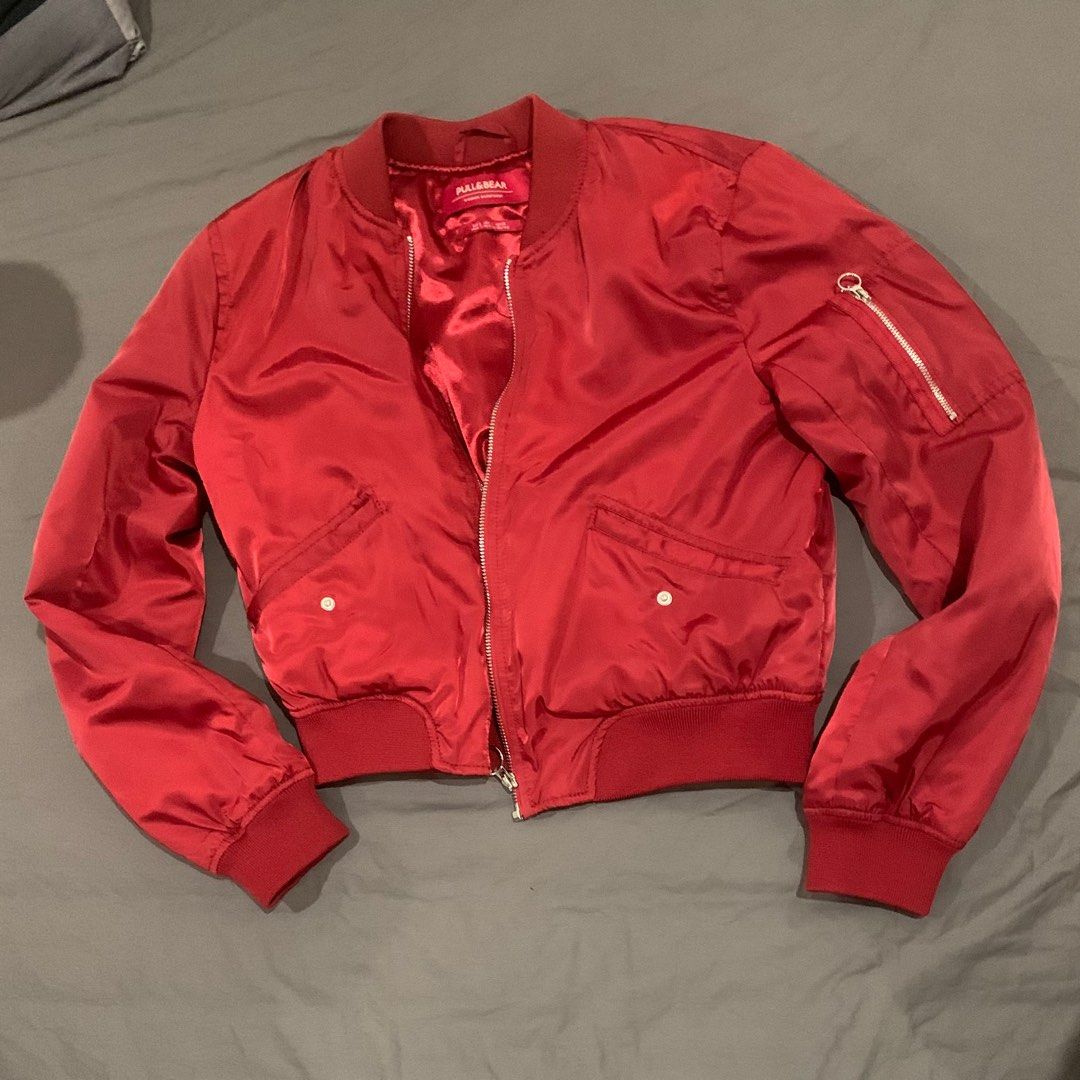 Pull and bear red bomber jacket top