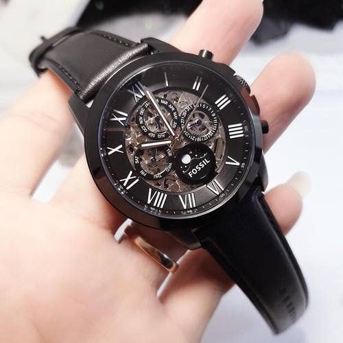 RESTOCK ORIGINAL FOSSIL GRANT AUTOMATIC BLACK SKELETON DIAL