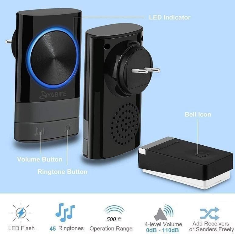 Yabife Wireless Doorbell IP44 Waterproof Outdoor Doorbell with Action