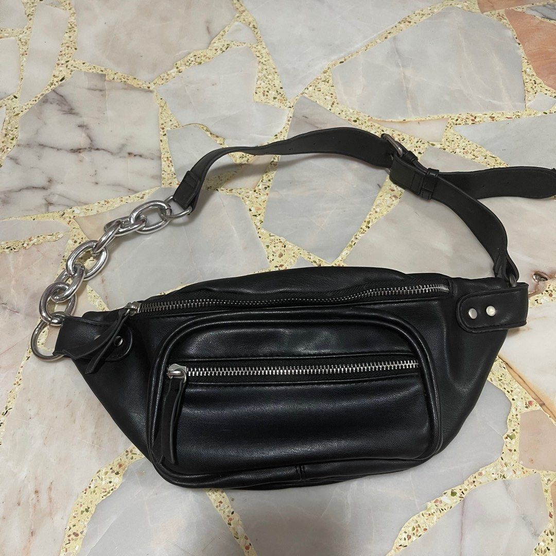 black leather chain fanny pack Women s Fashion Bags Wallets