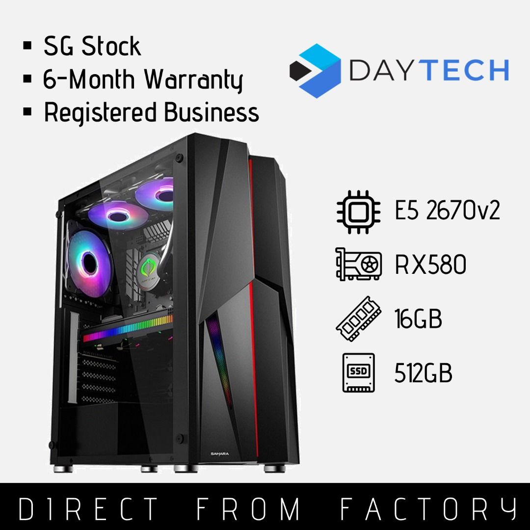 Budget Gaming PC RX580 16GB RAM 512GB SSD E5 2670v2 suitable for Gaming Productivity Study