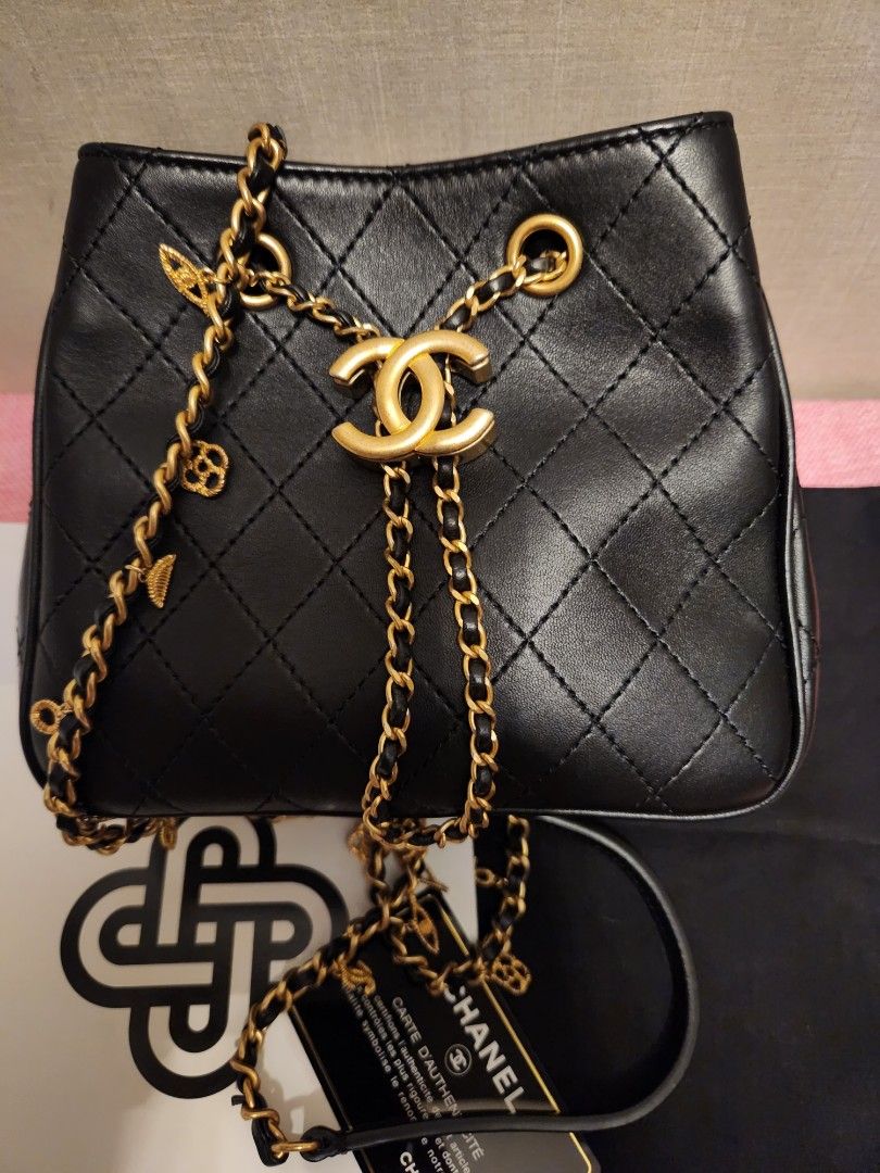 Chanel drawstring calfskin egyptian amulet small black, Luxury