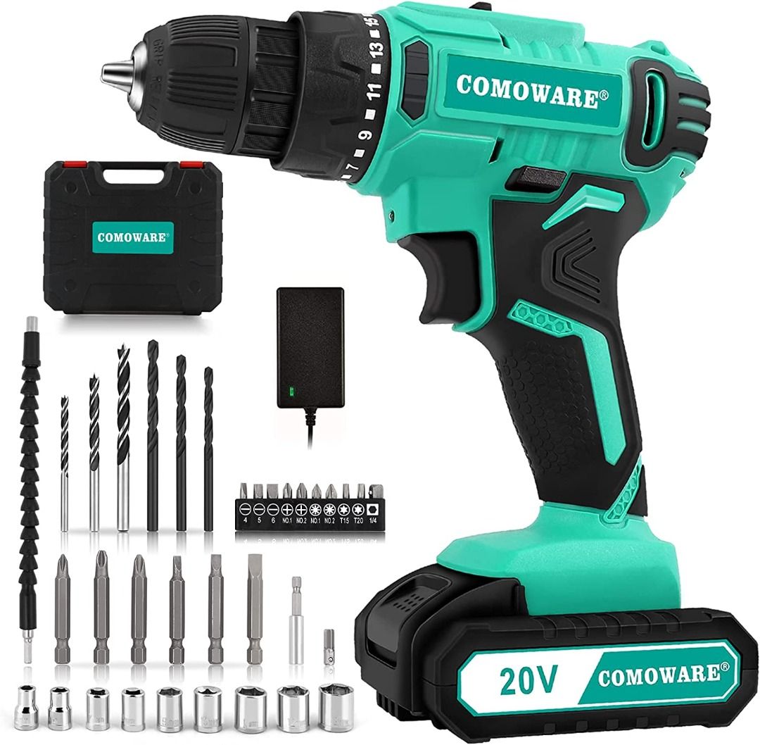 COMOWARE 20V Cordless Drill, Electric Power Drill Set with 2 Batteries