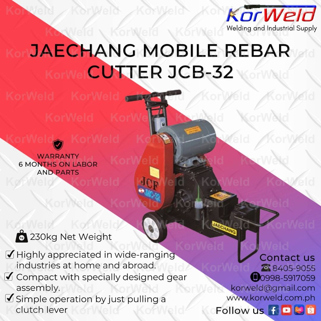 Jaechang Mobile Rebar Cutter JCB-32 (Category: Construction Tools & Equipment) located in Manila. Submitted by korweldinc (Listing ID 1223585743, Image 1). Description: Jaechang Mobile Rebar Cutter JCB-32 SPECIFICATIONS Model: JCB-32 Maximum Cutting Dia.: 32mm Motor: 2.2kW / 3HP Power Supply : 220V / 60Hz / 1 Phase Dimension(LxWxH): 510 x 870 x 940mm Weight: 230Kg Made in Korea Warranty: 6 Months Labor and Parts KORWELD INC. Contact Numbers : Mob