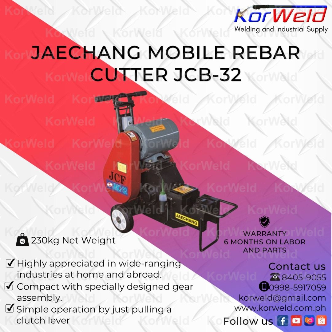 Jaechang Mobile Rebar Cutter JCB-32 (Category: Construction Tools & Equipment) located in Manila. Submitted by korweldinc (Listing ID 1223585743, Image 2). Description: Jaechang Mobile Rebar Cutter JCB-32 SPECIFICATIONS Model: JCB-32 Maximum Cutting Dia.: 32mm Motor: 2.2kW / 3HP Power Supply : 220V / 60Hz / 1 Phase Dimension(LxWxH): 510 x 870 x 940mm Weight: 230Kg Made in Korea Warranty: 6 Months Labor and Parts KORWELD INC. Contact Numbers : Mob
