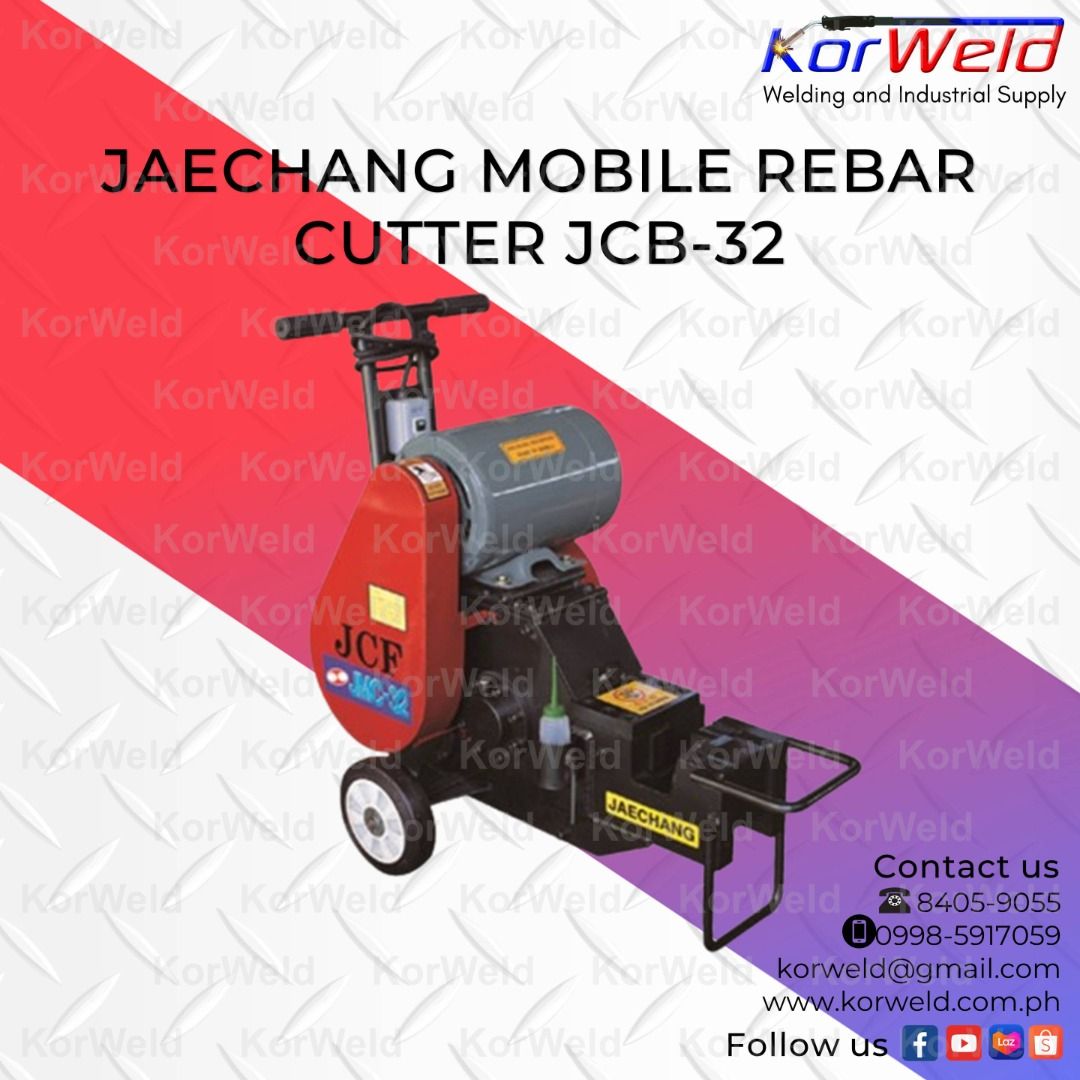 Jaechang Mobile Rebar Cutter JCB-32 (Category: Construction Tools & Equipment) located in Manila. Submitted by korweldinc (Listing ID 1223585743, Image 3). Description: Jaechang Mobile Rebar Cutter JCB-32 SPECIFICATIONS Model: JCB-32 Maximum Cutting Dia.: 32mm Motor: 2.2kW / 3HP Power Supply : 220V / 60Hz / 1 Phase Dimension(LxWxH): 510 x 870 x 940mm Weight: 230Kg Made in Korea Warranty: 6 Months Labor and Parts KORWELD INC. Contact Numbers : Mob