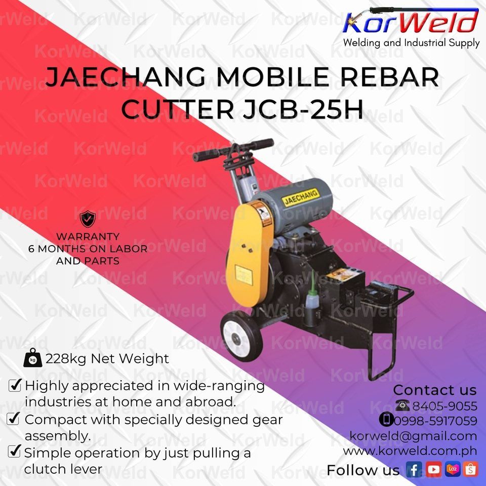 Jaechang Mobile Rebar Cutter JCB-25H (Category: Construction Tools & Equipment) located in Manila. Submitted by korweld.ph (Listing ID 1223602933, Image 1). Description: Jaechang Mobile Rebar Cutter JCB-25H SPECIFICATIONS Model: JCB-25H Maximum Cutting Dia.: 25mm Motor: 1.5kW / 2HP Power Supply : 220V / 60Hz / 1 Phase Dimension(LxWxH): 500 x 865 x 930mm Weight: 228Kg Made in Korea Warranty: 6 Months Labor and Parts KORWELD INC. Contact Numbers : 