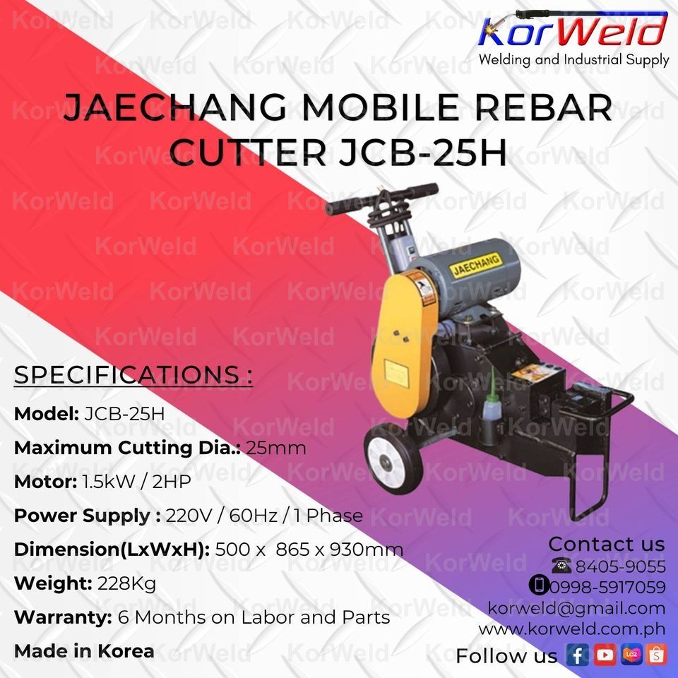 Jaechang Mobile Rebar Cutter JCB-25H (Category: Construction Tools & Equipment) located in Manila. Submitted by korweld.ph (Listing ID 1223602933, Image 3). Description: Jaechang Mobile Rebar Cutter JCB-25H SPECIFICATIONS Model: JCB-25H Maximum Cutting Dia.: 25mm Motor: 1.5kW / 2HP Power Supply : 220V / 60Hz / 1 Phase Dimension(LxWxH): 500 x 865 x 930mm Weight: 228Kg Made in Korea Warranty: 6 Months Labor and Parts KORWELD INC. Contact Numbers : 