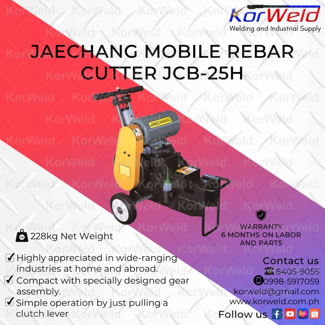 Jaechang Mobile Rebar Cutter JCB-25H (Category: Construction Tools & Equipment) located in Manila. Submitted by korweldinc (Listing ID 1223638671, Image 2). Description: Jaechang Mobile Rebar Cutter JCB-25H SPECIFICATIONS Model: JCB-25H Maximum Cutting Dia.: 25mm Motor: 1.5kW / 2HP Power Supply : 220V / 60Hz / 1 Phase Dimension(LxWxH): 500 x 865 x 930mm Weight: 228Kg Made in Korea Warranty: 6 Months Labor and Parts KORWELD INC. Contact Numbers : 