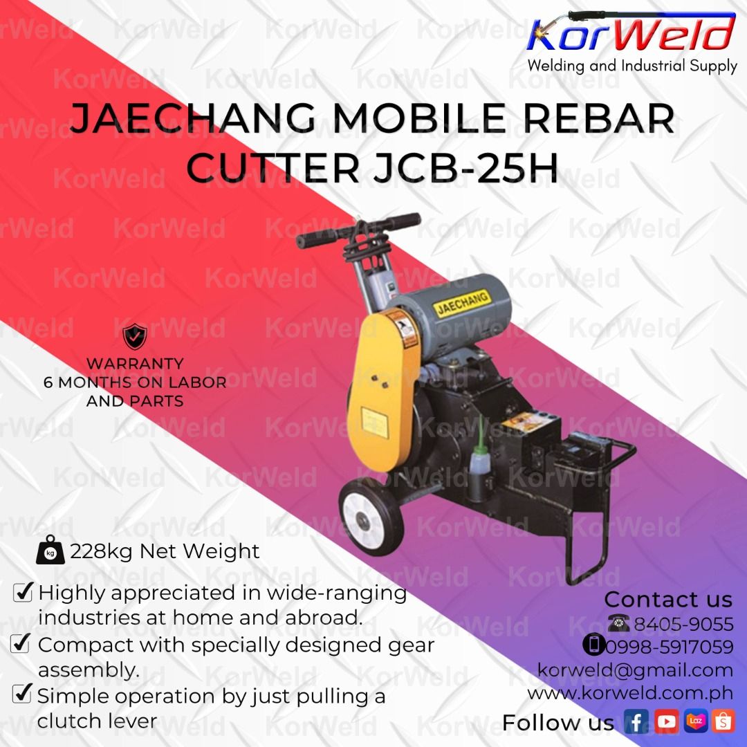 Jaechang Mobile Rebar Cutter JCB-25H (Category: Construction Tools & Equipment) located in Manila. Submitted by korweldinc (Listing ID 1223638671, Image 1). Description: Jaechang Mobile Rebar Cutter JCB-25H SPECIFICATIONS Model: JCB-25H Maximum Cutting Dia.: 25mm Motor: 1.5kW / 2HP Power Supply : 220V / 60Hz / 1 Phase Dimension(LxWxH): 500 x 865 x 930mm Weight: 228Kg Made in Korea Warranty: 6 Months Labor and Parts KORWELD INC. Contact Numbers : 
