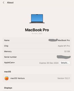 MacBook Pro 2021 32GB Memory, AppleCare+ 30th Dec 2024