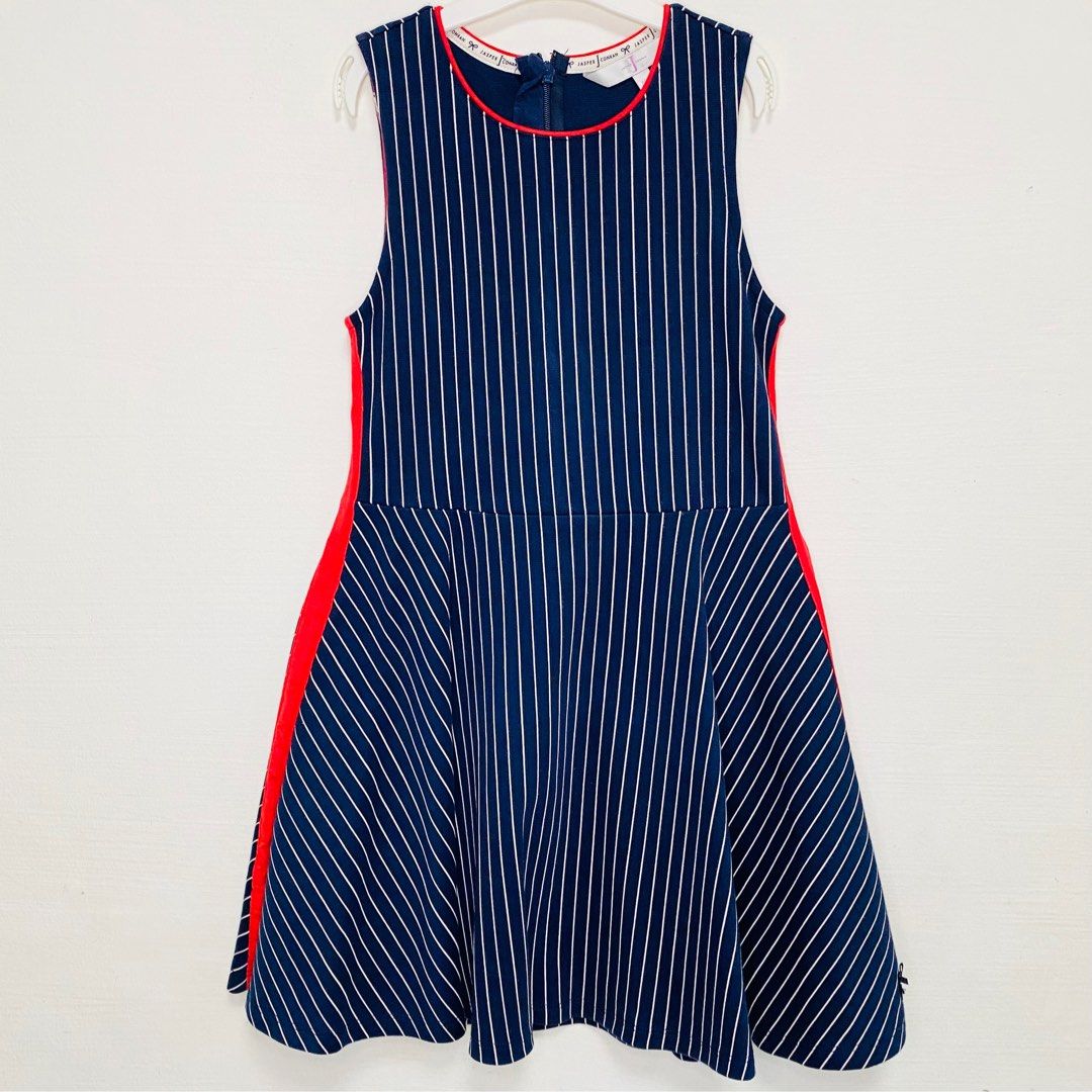 PL Debenhams Jasper Conran JC Navy Blue with White Stripes Sleeveless Skater Dress Age 7 8Y