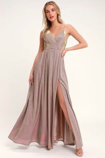 Pre-Loved Lulus Glittery V-Neck Wrap Front Maxi Dress/Gown (Pink, US Size 2)