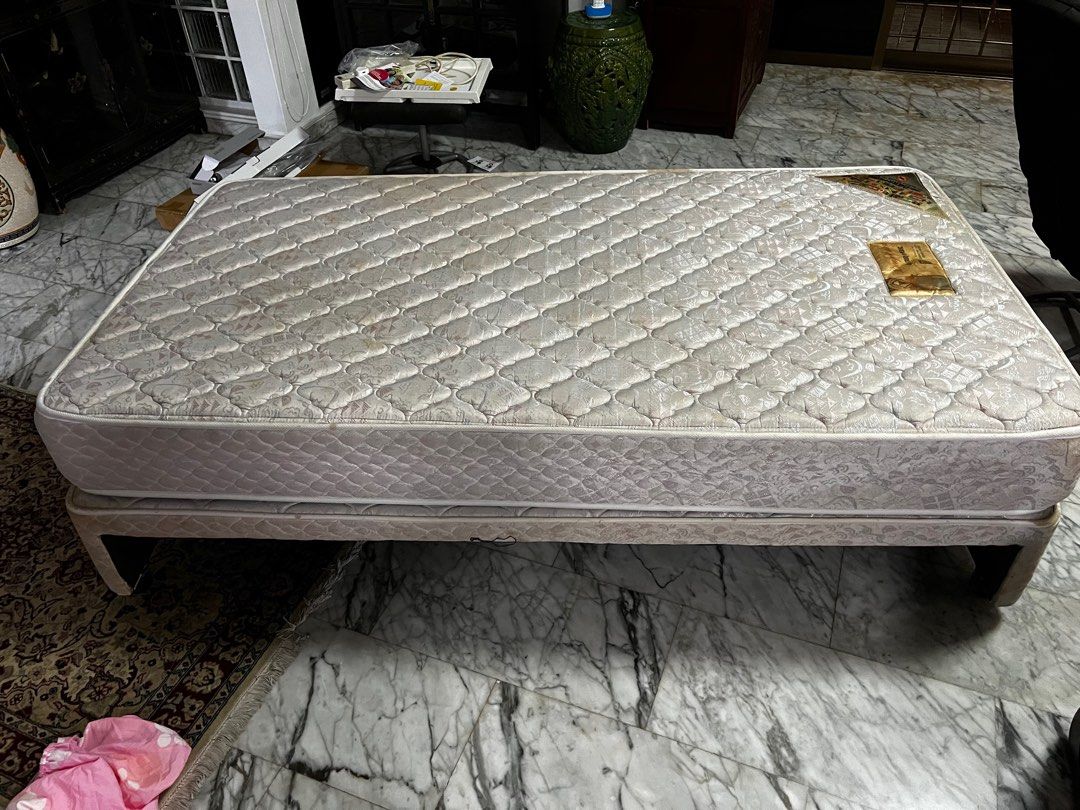 Preloved super single pull out bed frame & mattresses, Furniture