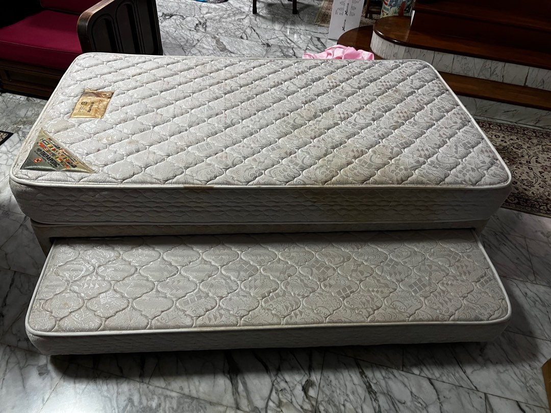 Preloved super single pull out bed frame & mattresses, Furniture