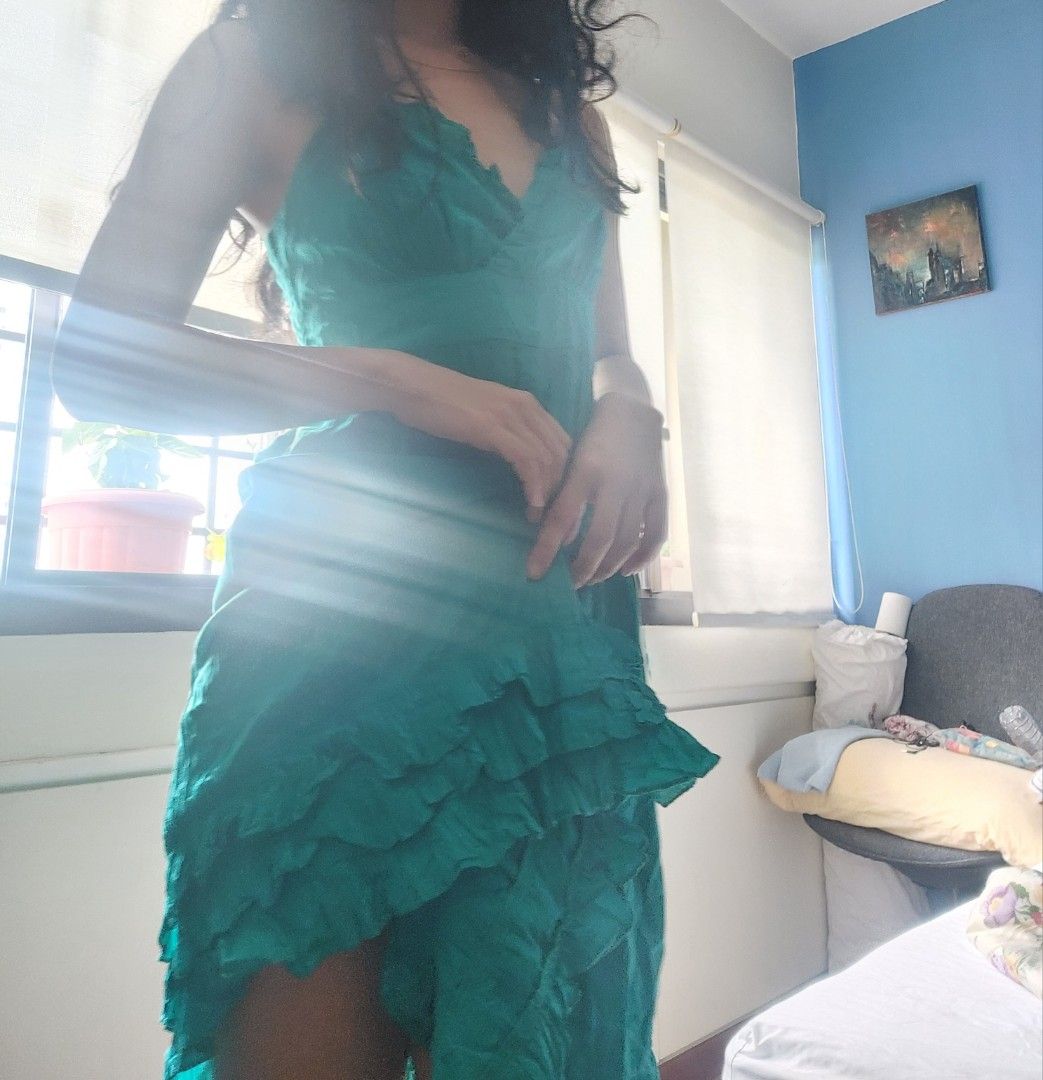 topshop 90s ruffle tie back sun dress picnic dress in turquoise rich green Women s Fashion Dresses Sets Dresses on Carousell
