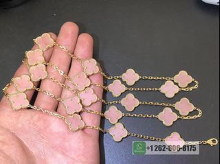 Van Cleef Vintage Alhambra 18K Yellow Gold Pink Opal 20 Motifs Long Necklace