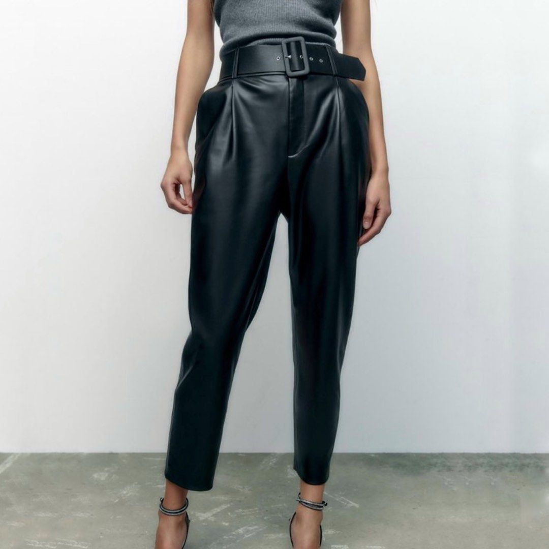 Zara Faux Leather Trousers with Belt, Women's Fashion, Bottoms