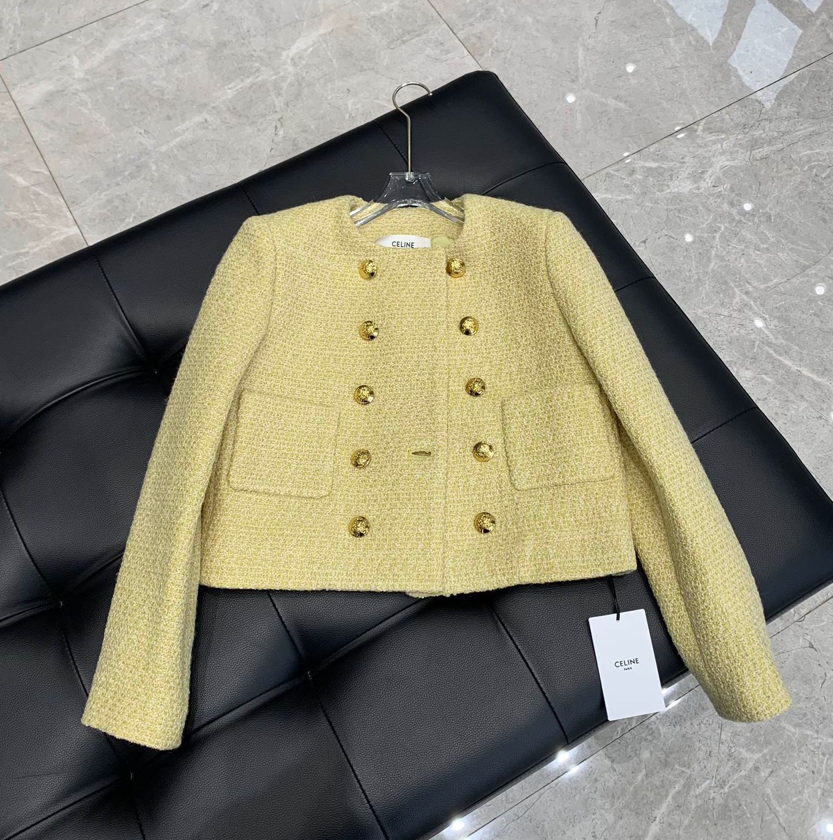 Authentic celine French style classic double breasted round neck tweed cropped jacket